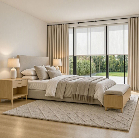 Cortinas a tablas para dormitorio.