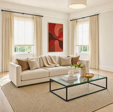 Barra, cortinas fruncidas y screen.