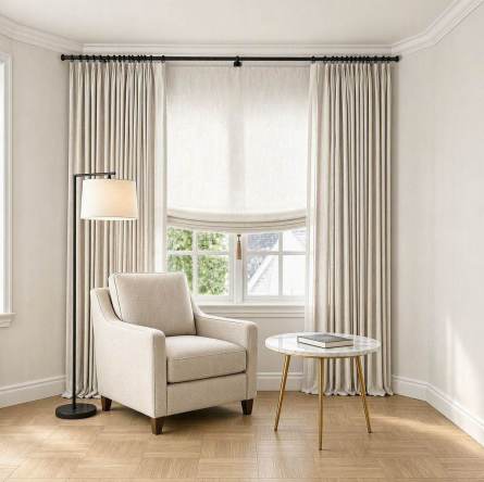 Barra, cortinas fruncidas y paqueto en salón.